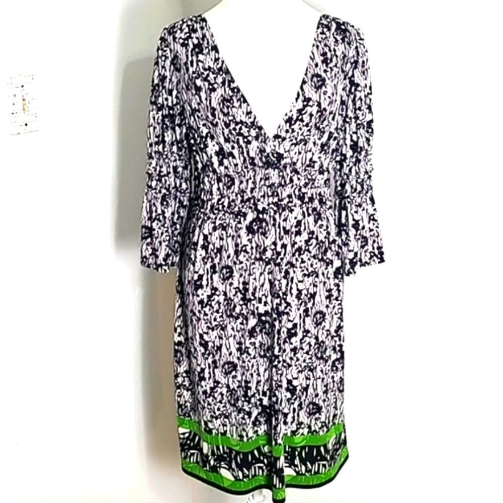 Max Edition Black & Print Dress Green Accents at Hem,Shirred Waistband, Sz Large